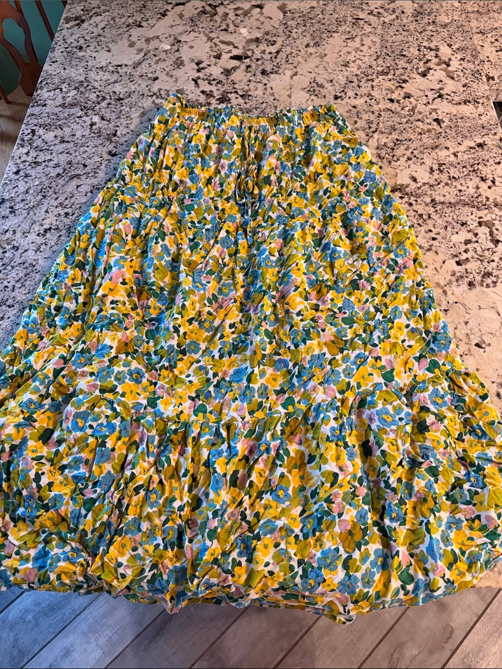 Yellow Floral Tiered Maxi Skirt with Blue and Pink Accents